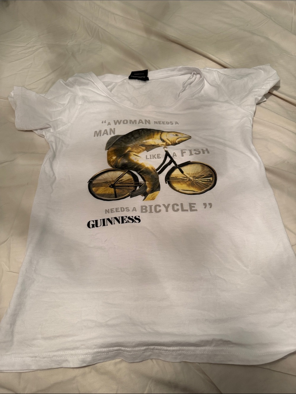 Guinness White Tee with Gold Fish-on-Bicycle Graphic